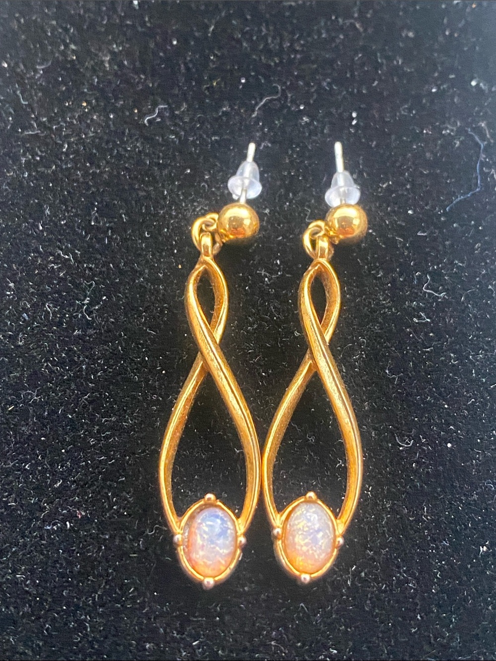 Vintage Gold Infinity Drop Earrings with Opal Stone